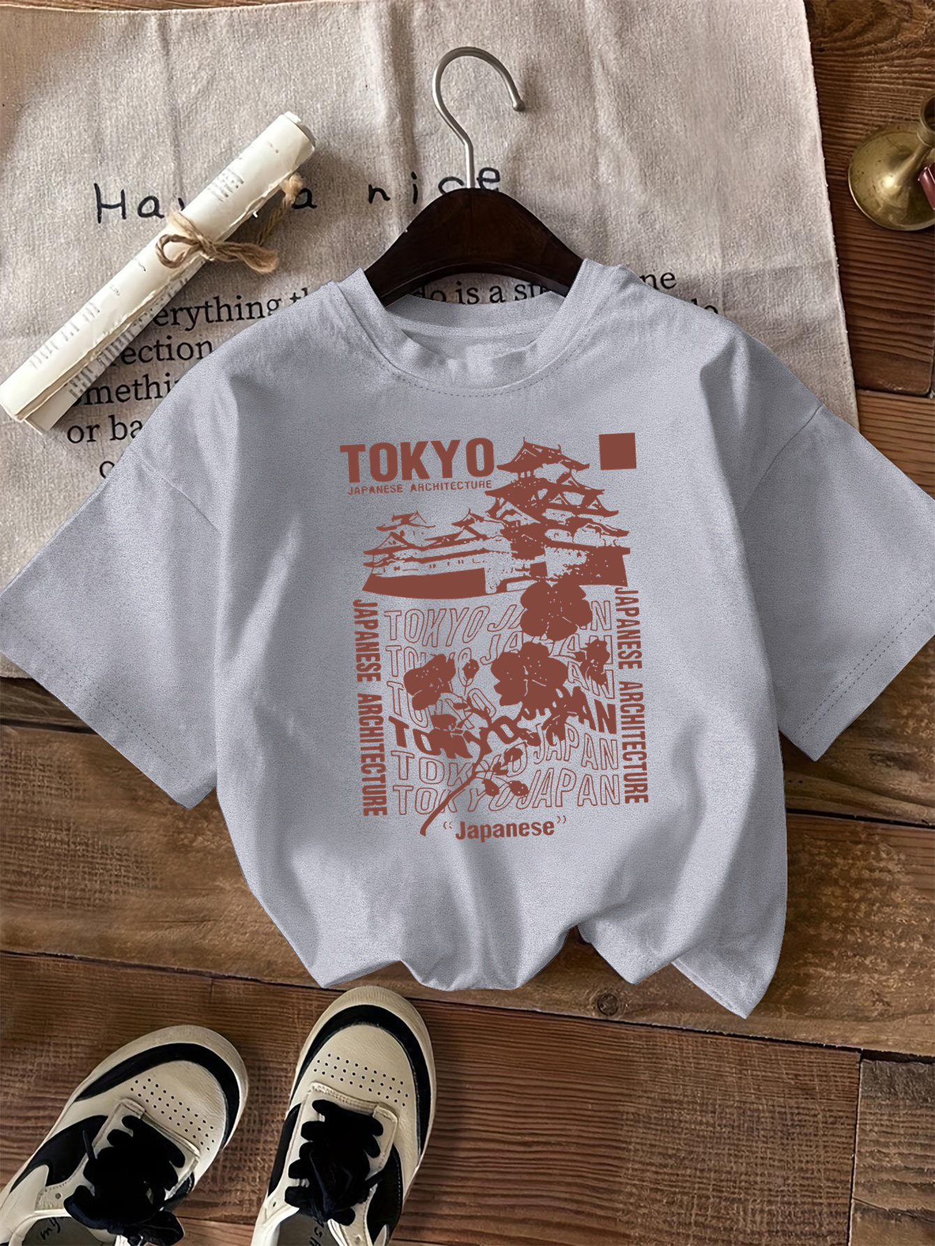 Women's Casual Short Sleeve Crew Neck T-Shirt Tokyo Graphic Letter Print  with Japanese Text Cherry Design, Light Beige Red, Relaxed Fit,