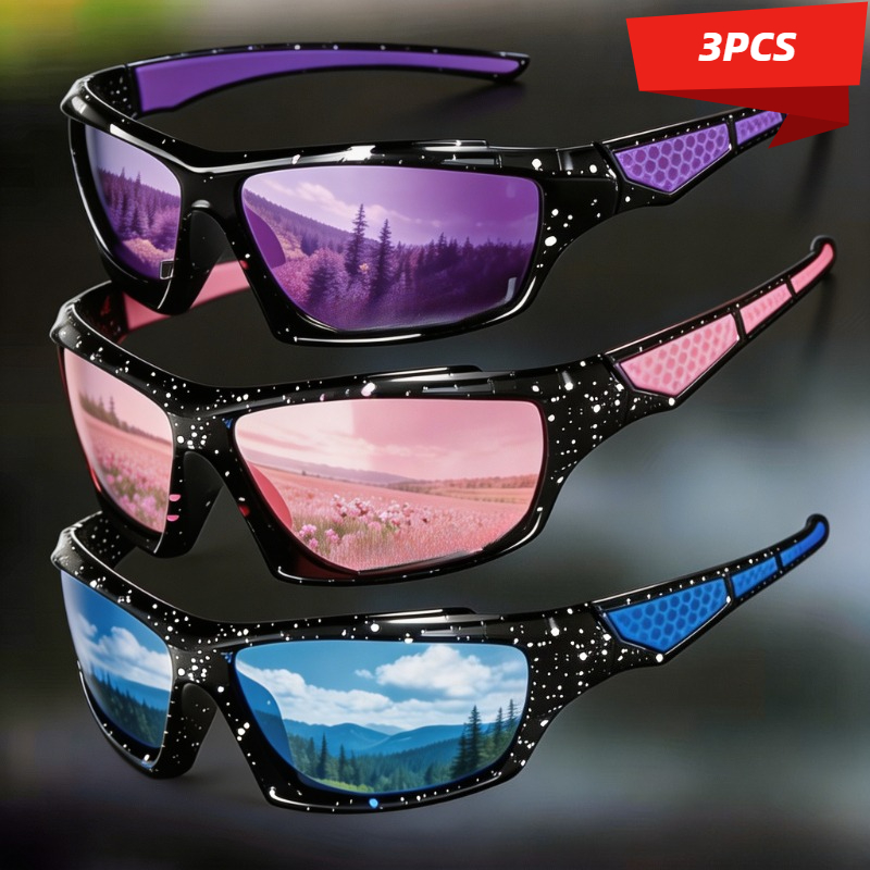 A Set of Three Pairs of Polarized Sports Sunglasses, Featuring Black Frames with Glitter Accents And Non-Slip Honeycomb-Patterned Temples in Purple, Pink, And Blue. The High-Definition Polarized Lenses Block Glare