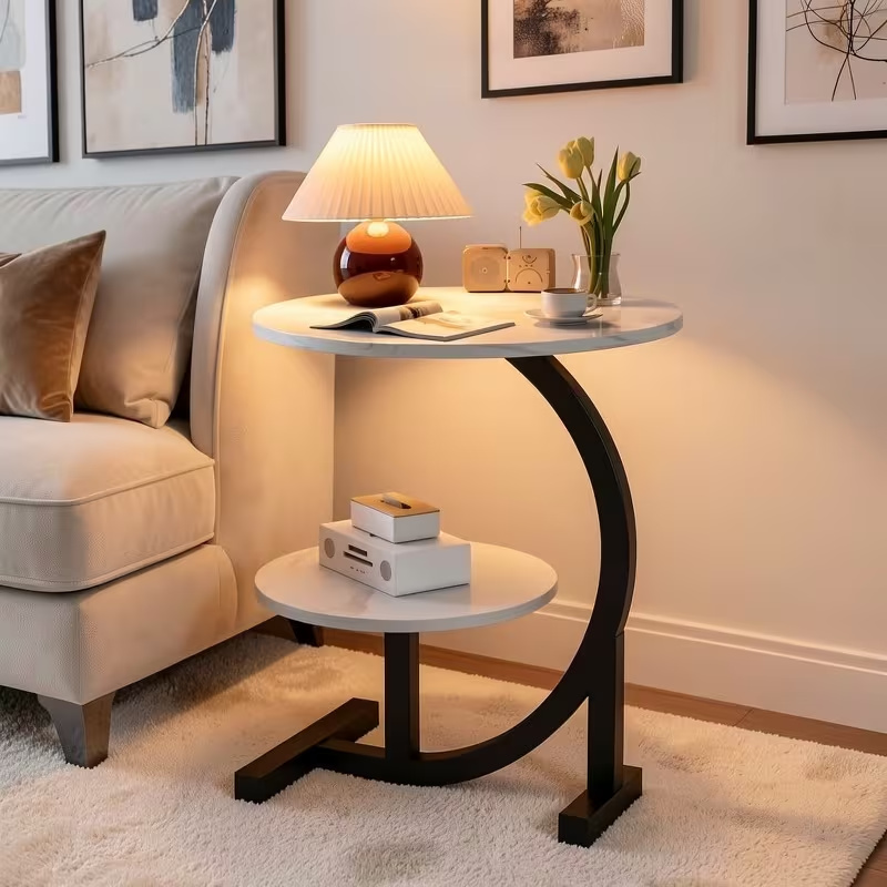 TEMU Curved Edge Wooden Marble Tabletop Side Table, 2-tier Round Sofa Side Table With Black Metal Stand, Multifunctional Decorative Table For Living