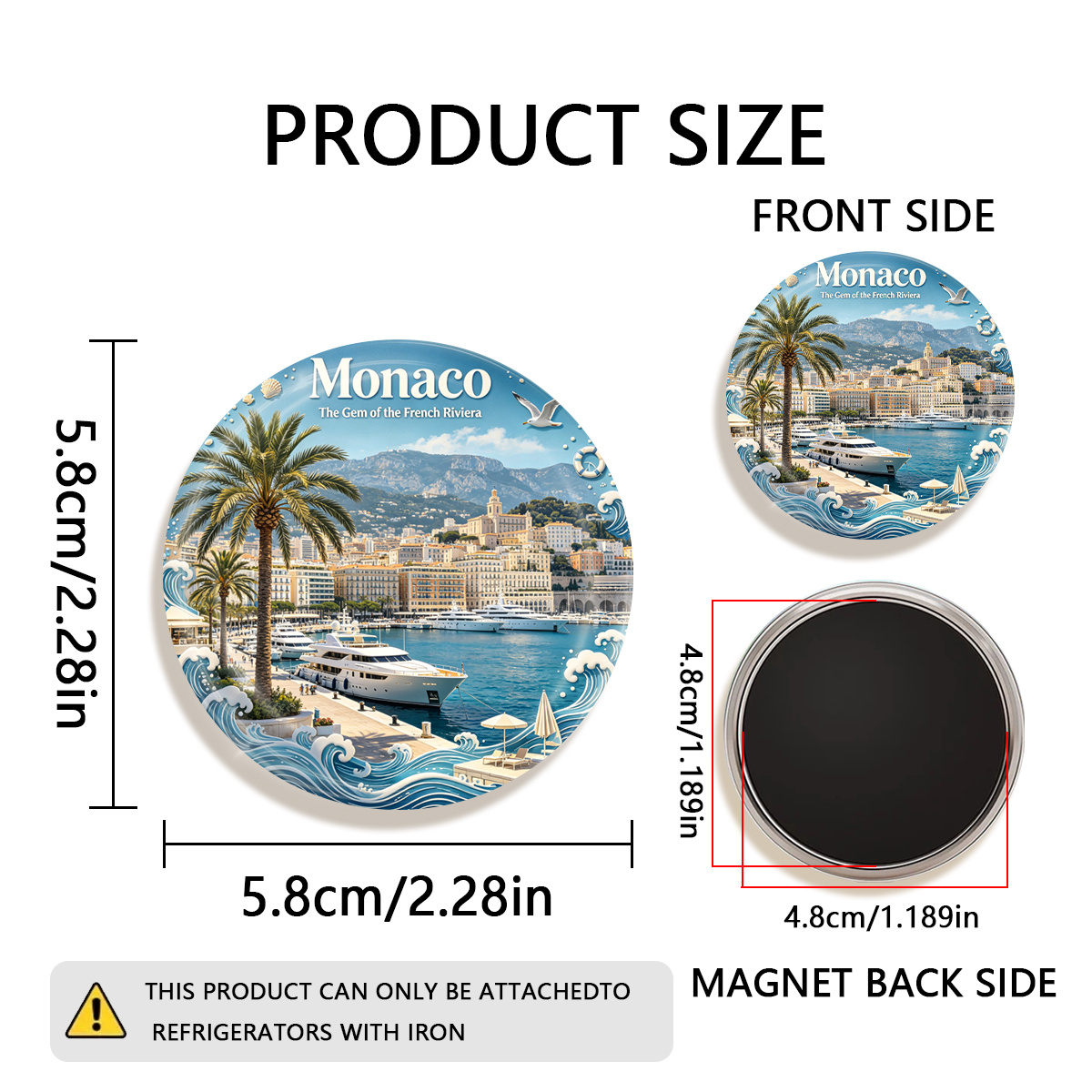TEMU 1 aimant de réfrigérateur rond durable et brillant "Monaco 2D plat" : idéal pour à des réfrigérateurs, des tableaux , des manuels, des photos,