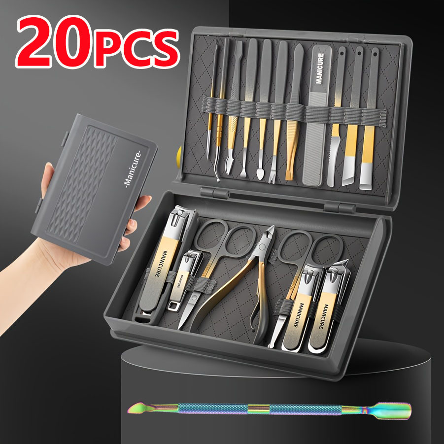 Image of 20pcs Clipper Set With A Cover, Of Stainless Steel, Features A Modern- And A Storage Box, And Is Suitable For Men And Women.