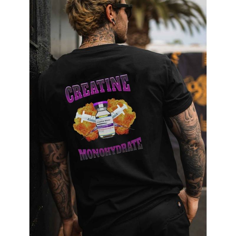 

Casual Polyester Crew Neck T-shirt With Creatine Monohydrate Print For Men - 100% Polyester, Medium Stretch, Knit Fabric, Short Regular Sleeves, Pullover, Summer Wear