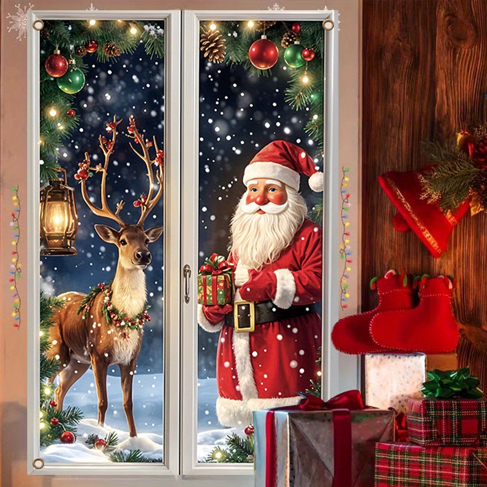 2D Plat, Zelfklevend Kerst Raamvlag met Santa & Rendier - Sneeuwvlokken Vlaggenslinger Met Hulstbessen En Twinkel-Effect, Duurzame Binnen/Buiten Feestdecoratie voor Deuren, Partijtjes en Huizen (Makkelijk Afpelbaar), 2D Flat, 1 Stuk