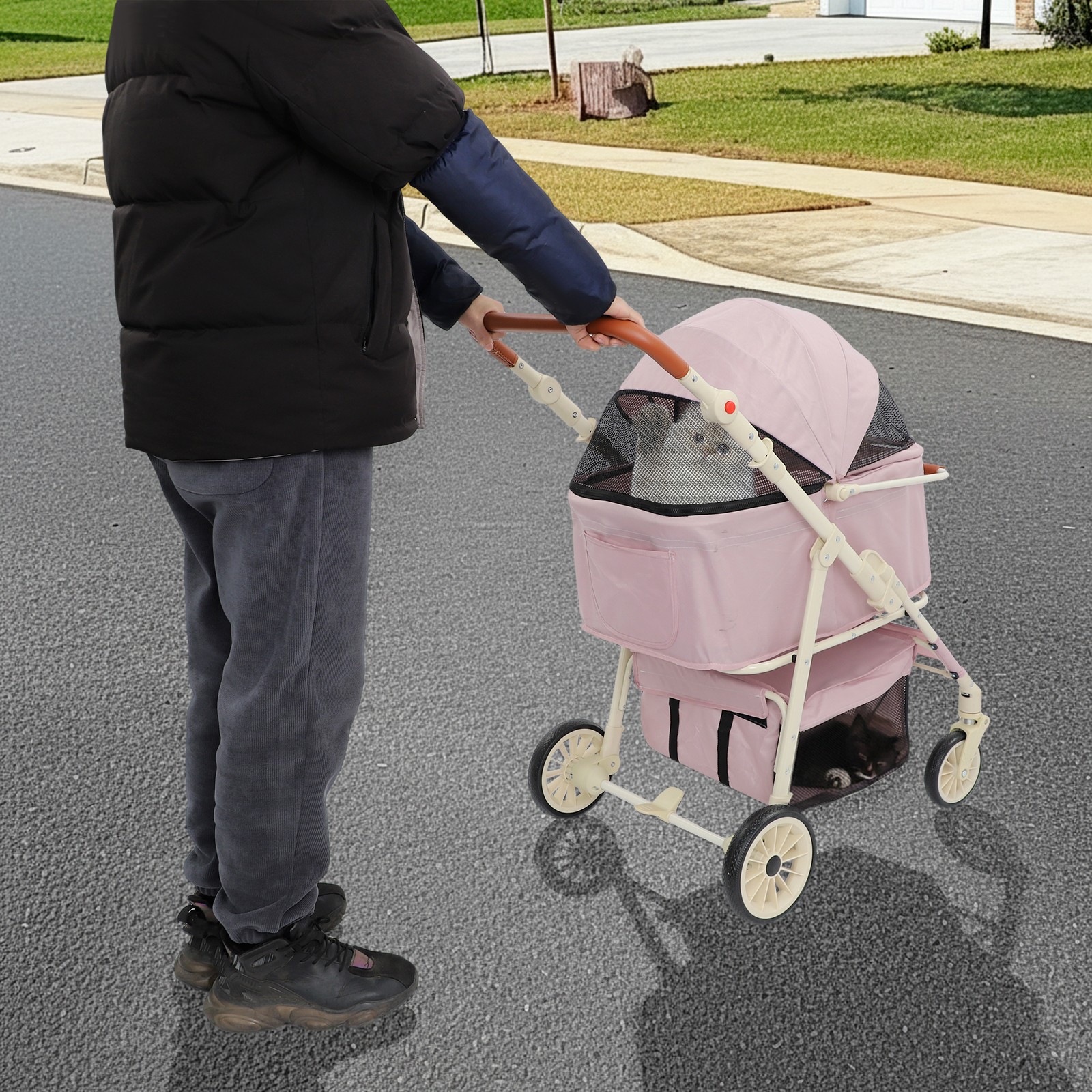 Image of Double-tier Pet Stroller W/ Removable Carrier Foldable For Dogs Cats