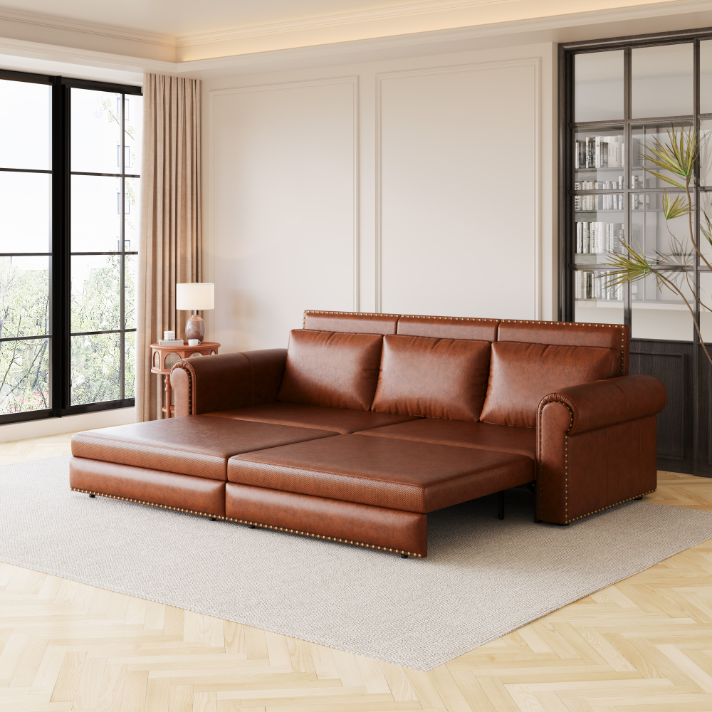 93 7 bohemian chesterfield sofa bed 3 in 1 convertible sleeper with faux leather upholstery   trim rolled   light brown pull out couch suitable for small spaces apartments dorms guest rooms  