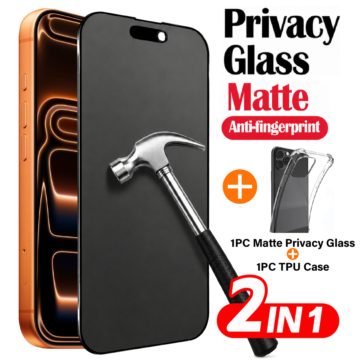 TEMU 2-in-1 Set Includes 1pc Frosted Privacy Tempered Glass And 1pc Tpu Case, Full Coverage 9h Hardness, Drop-proof, Anti-scratch, Matte End, For