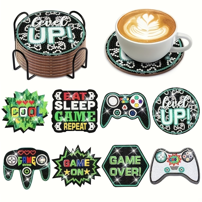 TEMU 8pcs Diy Game Controller Diamond Painting Coaster & Stand Set - Wood Suitable For For Decor, Non-slip Drink Coasters With Game-themed Designs,
