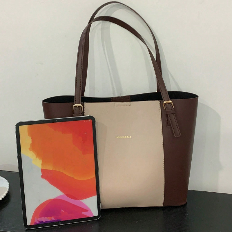 Women' Large Capacity Tote Bag with Colorblock Patchwork ( //) & Golden Foil Letter - Adjustable Strap, Closure, Elegant Handbag for Work, Commute, Travel - Multi-Purpose Casual &