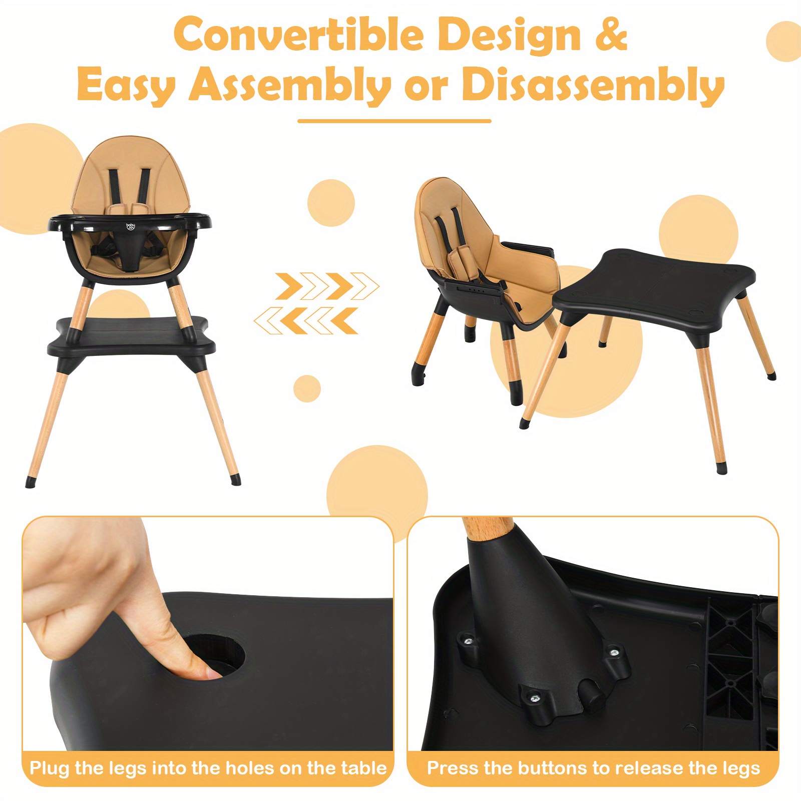 COSTWAY 6-in-1 Convertible High Chair with 6-in-1 Functionality - Wooden & Plastic Construction, Adjustable Height & 5-Stage Developmental Support - Image 6