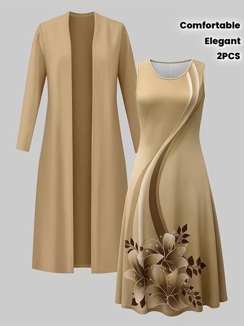 womens printed waist cinching dress with a comfortable long cardigan a stylish and elegant two piece outfit