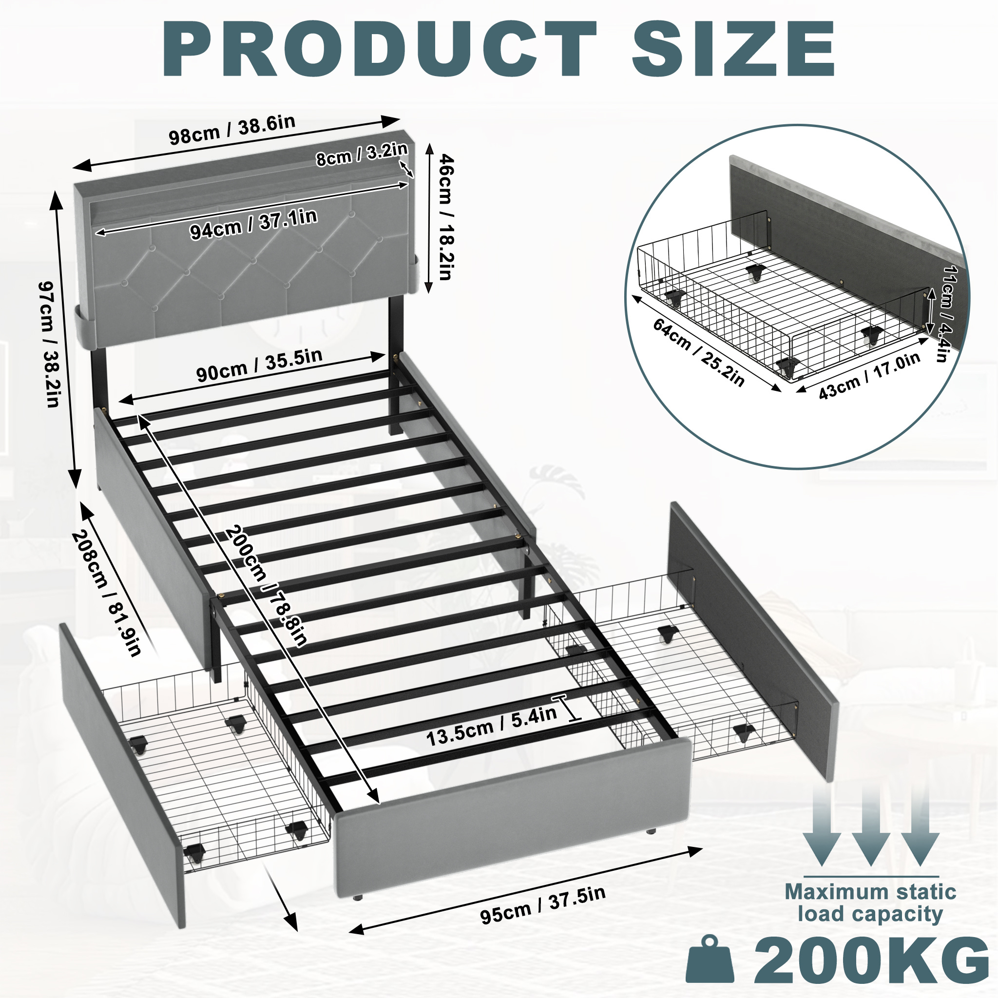 Image of Upholstered Bed In Velvet With Drawers, Storage Bed, Double Bed Frame, Single Bed, 90x200/140x200/160x200cm, Load Capacity 200kg To 350kg, Dark Grey/light Grey