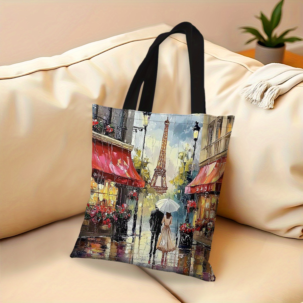 TEMU 1pc Parisian Tote Bag - Lightweight Polyester Shopping Bag With & Couple Under , Mixed Colors, Unlined, No-closure For Casual , Shopping Bag