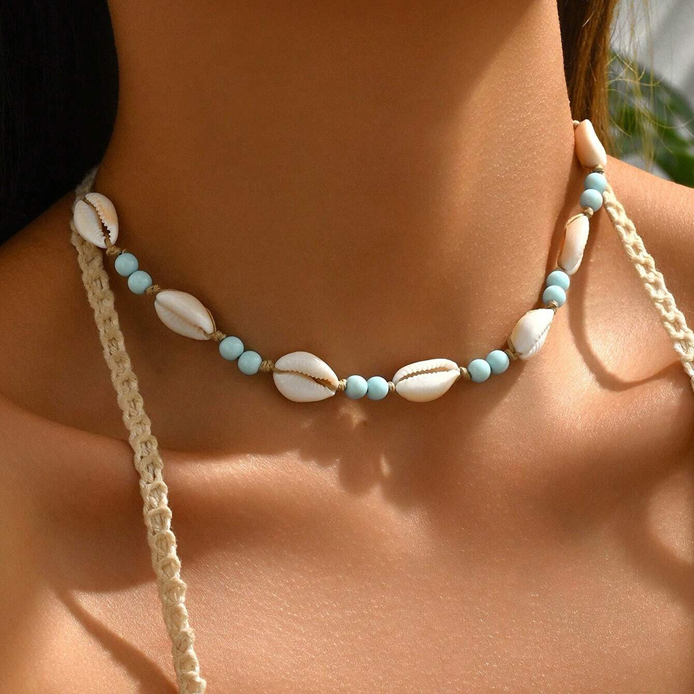 Image of 1pc, Women's Fashion Fitted Necklace, Summer Daily Seaside Vacation Artificial Shell Beaded Fitted Necklace Beaded Choker Collar, Glass Material, Party Travel, Necklace