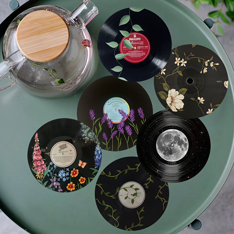 TEMU 2d -pack Vintage Record Floral Theme Illustration Wooden Round Coasters, Water Cup Coffee Cup Heat Insulation Pads, Suitable For Home Office And