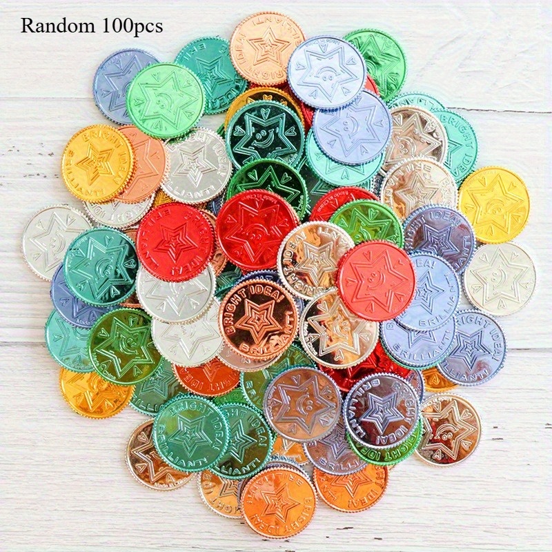 Image of Random 100pcs , Colorful Treasure Stars Coin - Mixed Colors, Suitable For Birthday Parties, Adventure Themes, Christmas And Party Decorations