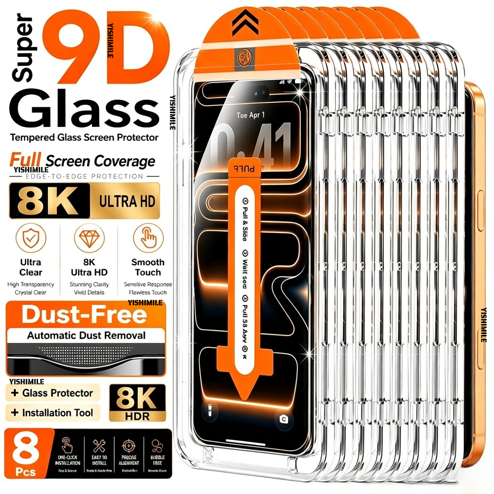 TEMU [] 8pcs Automatic Dust Removal Tempered Glass Screen Protectors For Iphone 18 Pro/18 Pro Max/17 Pro Max/air/17e/16 Pro Max/15 Pro/17/16/15/14/13