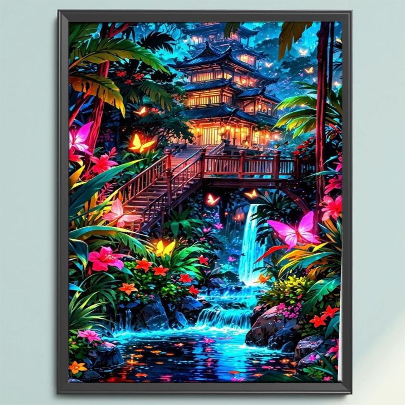 TEMU Nouveau Kit de Peinture Diamant 5D DIY à Assembler à - de Jungle de Forêt Onirique avec Fenêtre Dorée Lumineuse - Fleurs Vives Roses, Rouges et