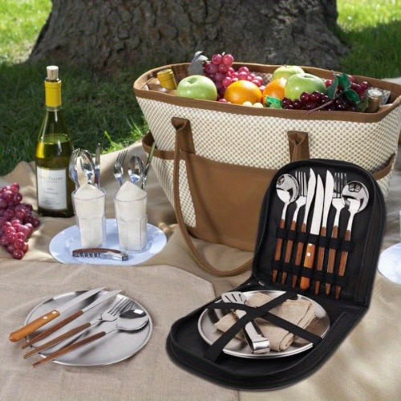 new wood grain handle tableware mess kit cutlery for 2 dinnerware set 12pcs stainless steel utensils set with plate spoon fork serrated knife cloth napkins for 2backpacking outdoor hiking picnic Product details 4
