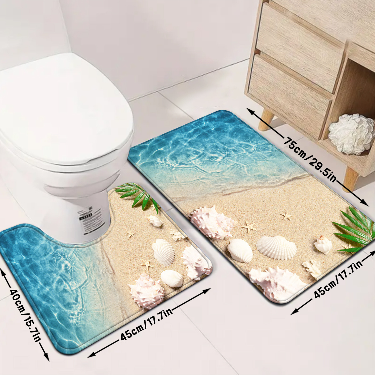 TEMU 2pcs/3pcs/4pcs Summer Beach White Starfish And Seashell Pattern Bathroom Mat Set, Toilet Lid Cover And Rug, Bathroom Decor U-shaped Foot Mat