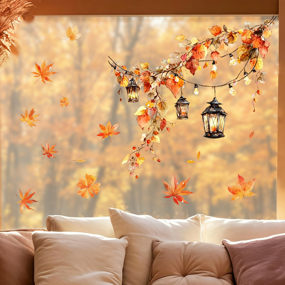 TEMU 2pcs Draping Maple Leaf Vine Harvest Window Decals, Easy -and-stick Double-sided Electrostatic Cling - Features Watercolor And Pinecones With A