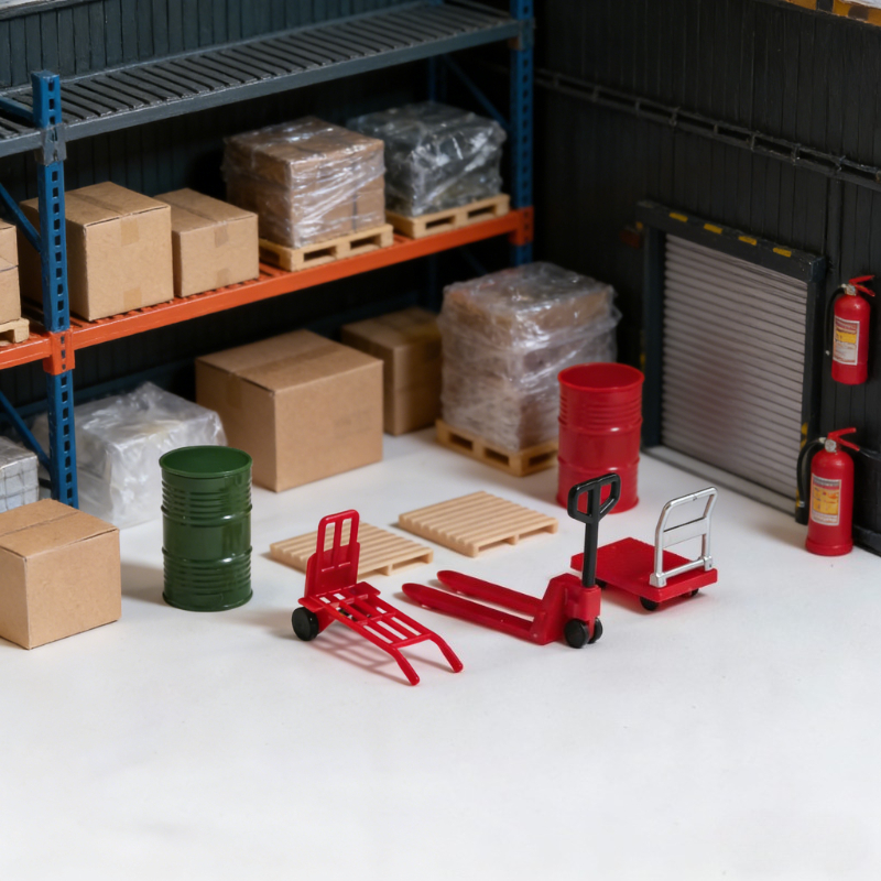 TEMU 7pcs Mini Cart And Oil Drum Decoration Set, Including 3 Carts, 2 Oil Drums, And 2 Unloading Platform Models, Suitable For Scene Building,