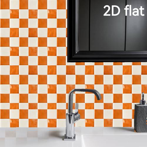 Artikelbild 10 stück 2d flache selbstklebende fliesen-wandaufkleber in orange weiß kariert, farbblockartige karierte mosaik-imitat-wandtattoos, zur wandverschönerung in küche, wohnzimmer, schlafzimmer badezimmer, für wasser- ölfeste küchen-wandrenovierung, zuschneidbare fliesen-wandaufkleber für