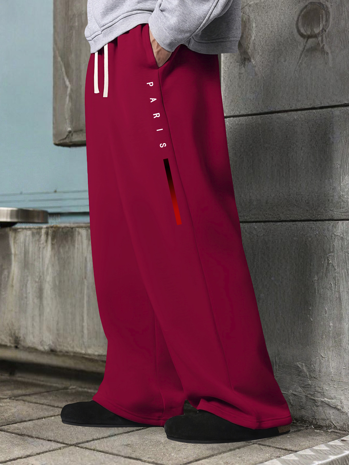 Men's Streetwear Paris Vertical Stripe Print Wide Leg Pants - Maroon All-Season Casual Trousers with Elastic Drawstring Waist, Loose Fit for Beach Vacation, Golf, Camping, Commuting - Gift for Boyfriend Husband, Urban Style Pants, Travel Clothing, Trendy Design, Quality Stitching, Stylish Bottoms, Fashionforward Men, Outdoor Activities, Durable Material, Outdoor Enthusiasts