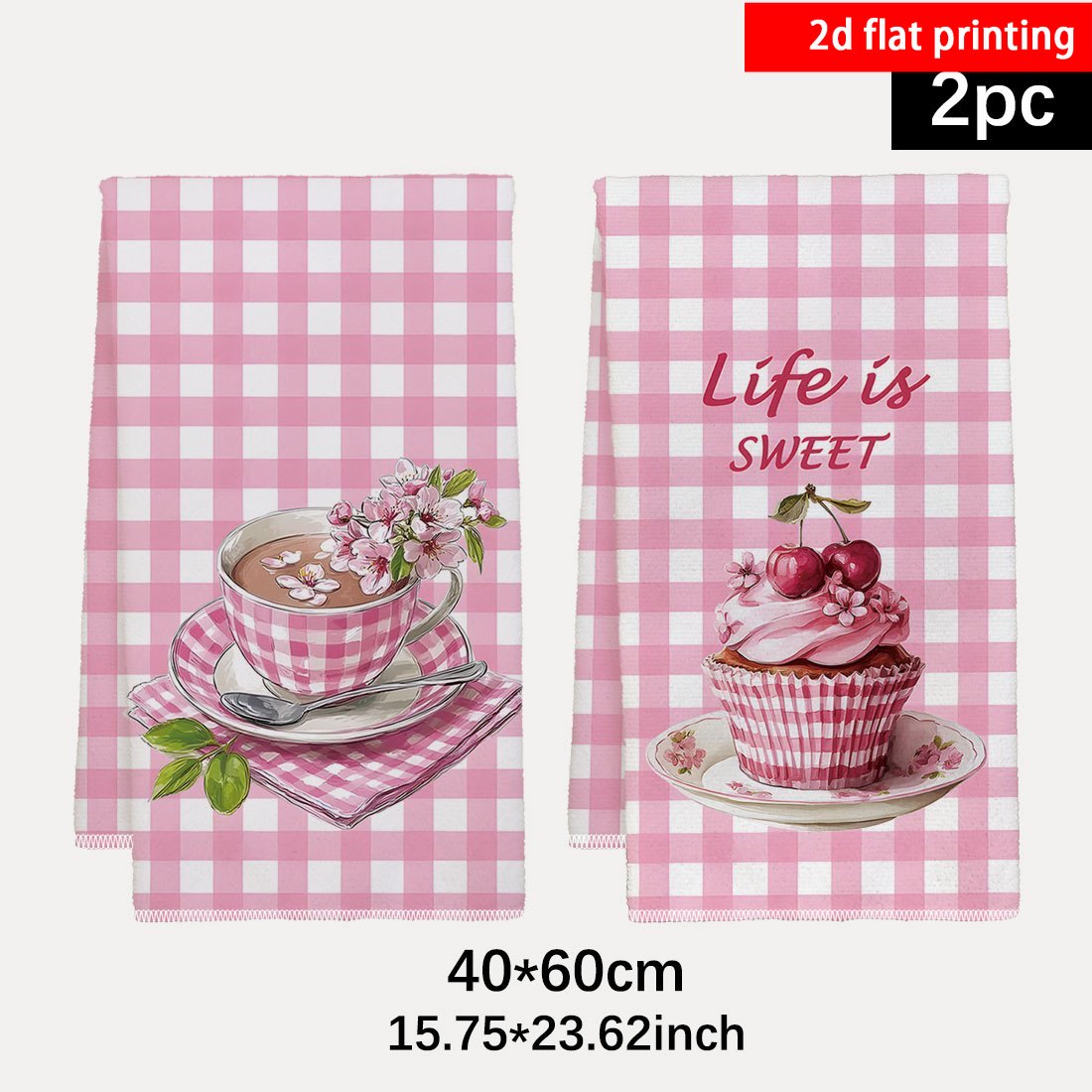 TEMU 2d Flat Printing, 2pcs, Teacup Cupcake Theme Pattern Kitchen Towels, Sweet Checkered Pattern Hand Towels, Suitable For Summer Home Decor,