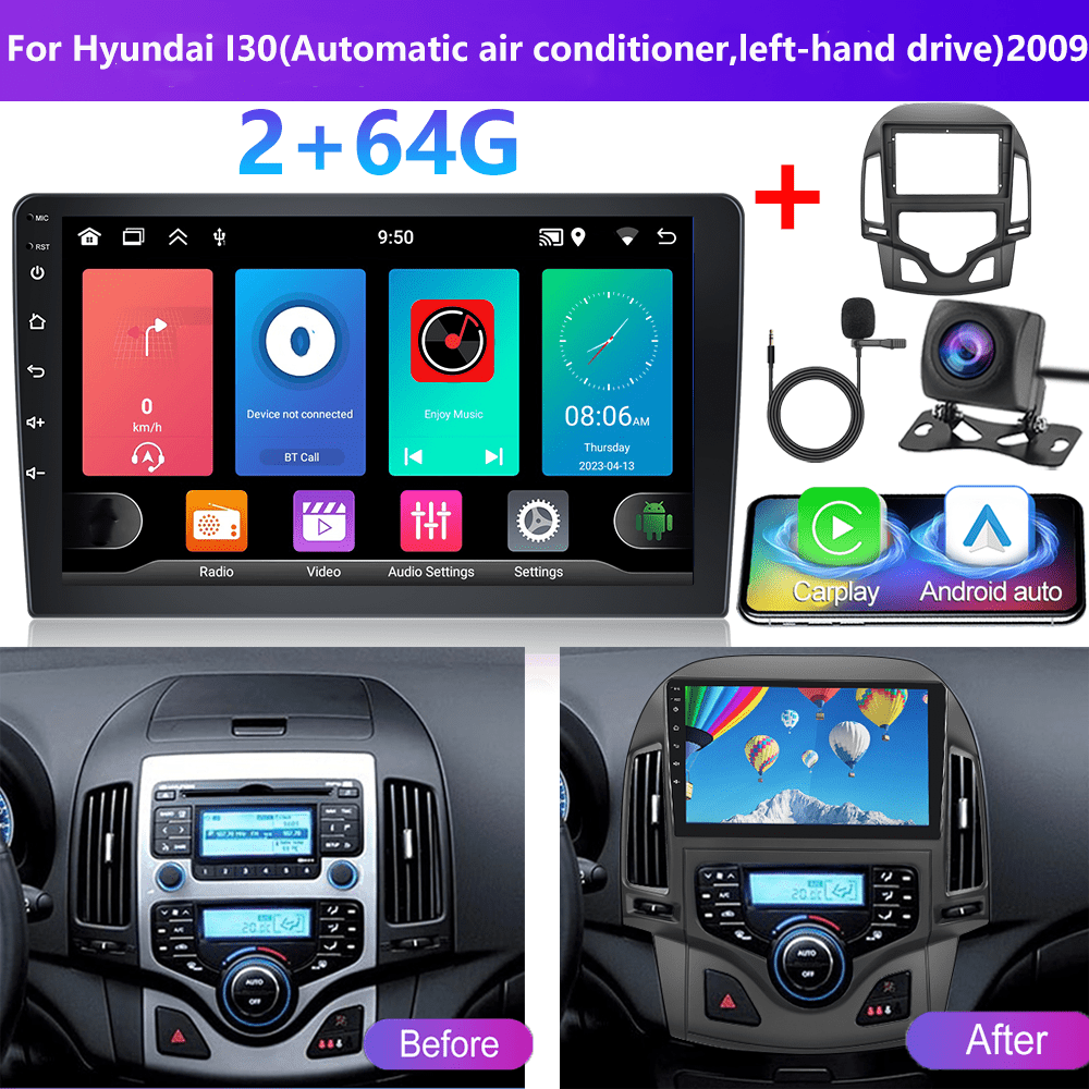 Image of [2g+64g]podofo 13 Car Stereo For I30(automatic Air Conditioner, Left-hand Drive) 2009 (frame Included) Double Din Auto, 9 Inch Touchscreen Car Din With Gps Navigation Wireless Fm Hifi Wifi Usb + Ahd