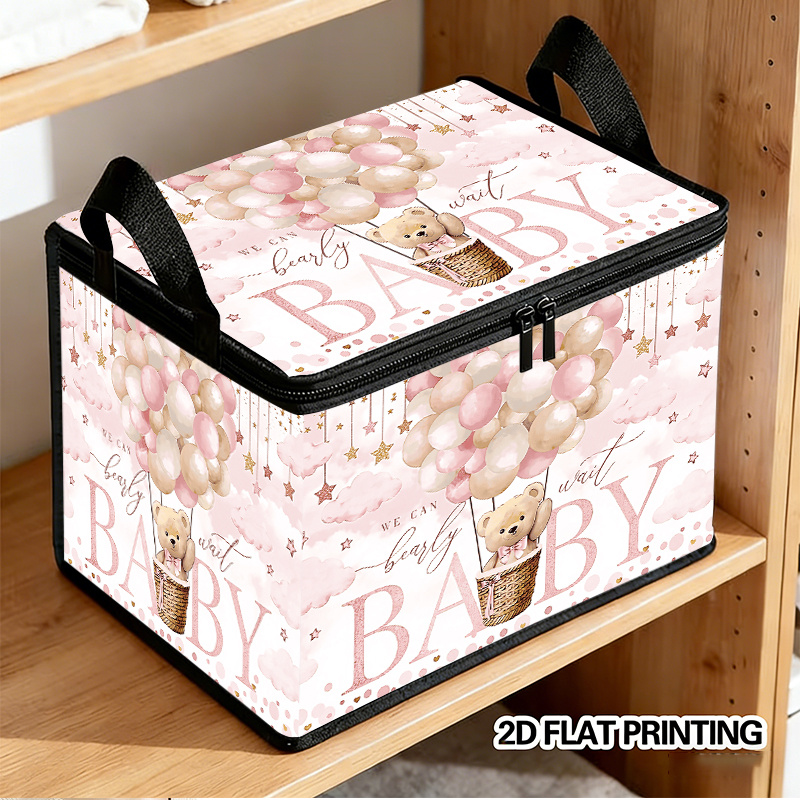TEMU 1pc Foldable Storage Box, Design, Printed With Balloon, Bear And Other Elements, Pink Romantic Warm. Suitable For Home Clothing Storage, Easily