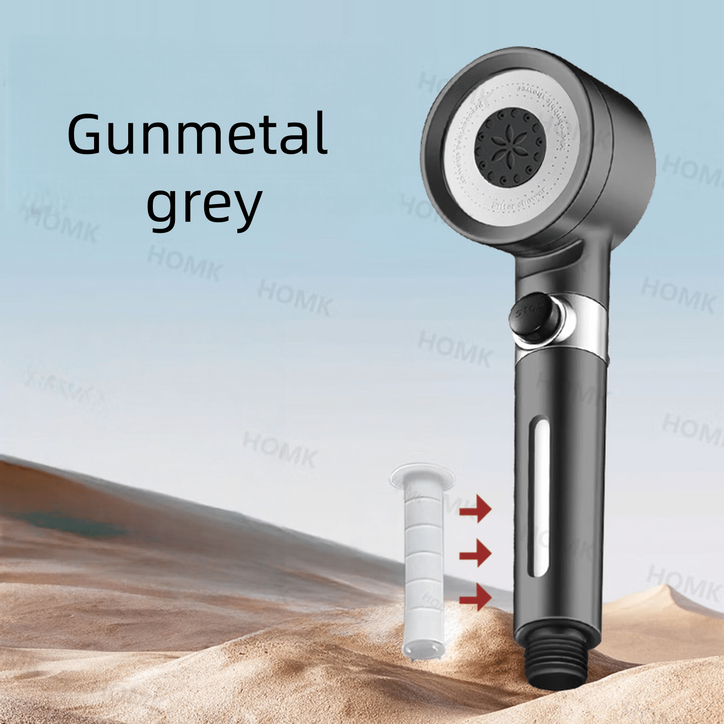 HOMK Aukšto slėgio rankinė dušo galvutė, daugiafunkcis lietaus purškiklis, matinė pilka arba šautuvo metalo pilka apdaila, įskaitant 1 filtro kasetę, universalus vonios kambario dušas – pasirinktinai viena dušo galvutė arba komplektas su žarnos laikikliu, 1 komplektas, tik dušui