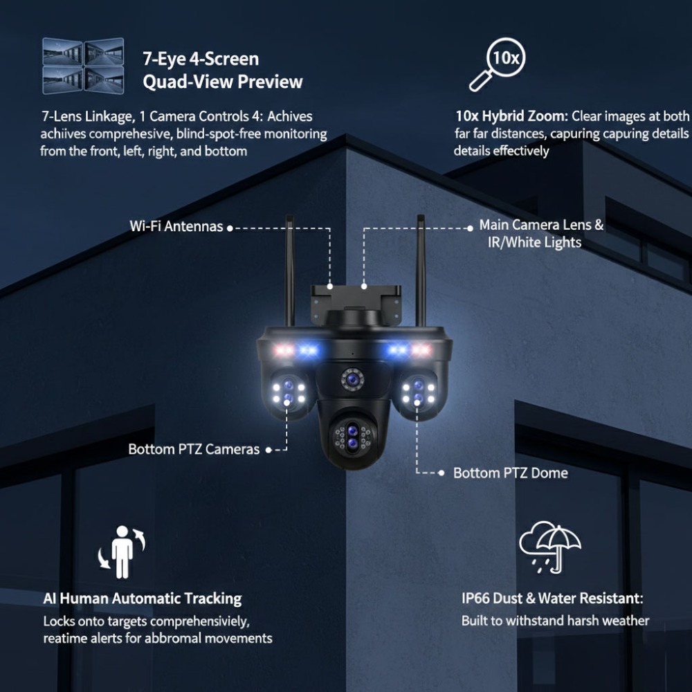 7-Lens 4MP Outdoor WiFi Security Camera, 10X Optical Zoom, Quad Screen Display, PTZ Control, Motion Detection, Auto Tracking, Color Night Vision, Two-Way Audio, 2.4GHz, DC12V, LED Lights, Bullet Camera for Home and Business Security, No Battery