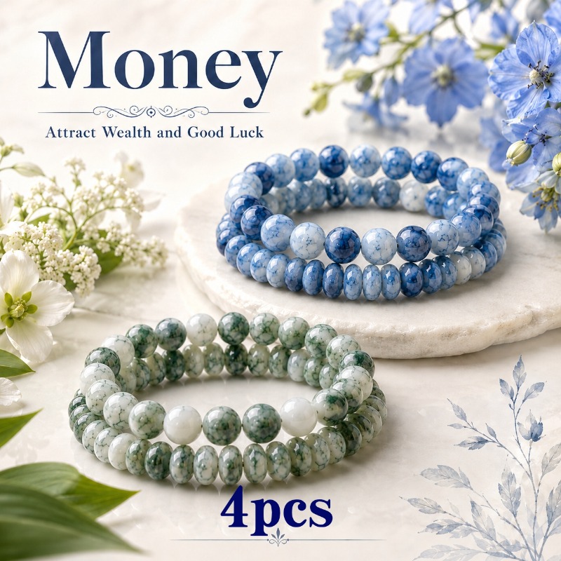 TEMU 4pcs Set Of Blue And White Porcelain Crystal Bracelets With Multi-colored Moss Agate Beads, High-quality Bracelets, Birthday Gifts For Men And