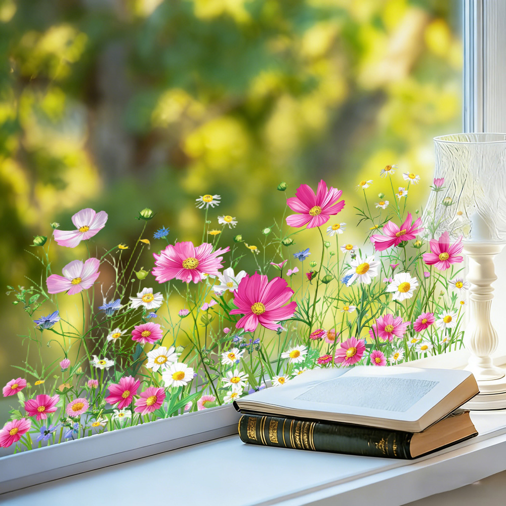 A Vibrant Glass Window Sticker Featuring A Pattern Of 1pc Of And White Daisies, Perfect For Decorating Walls, Furniture, Glass, Or Other Flat Surfaces To Enhance The Of . Made Of Pvc Material