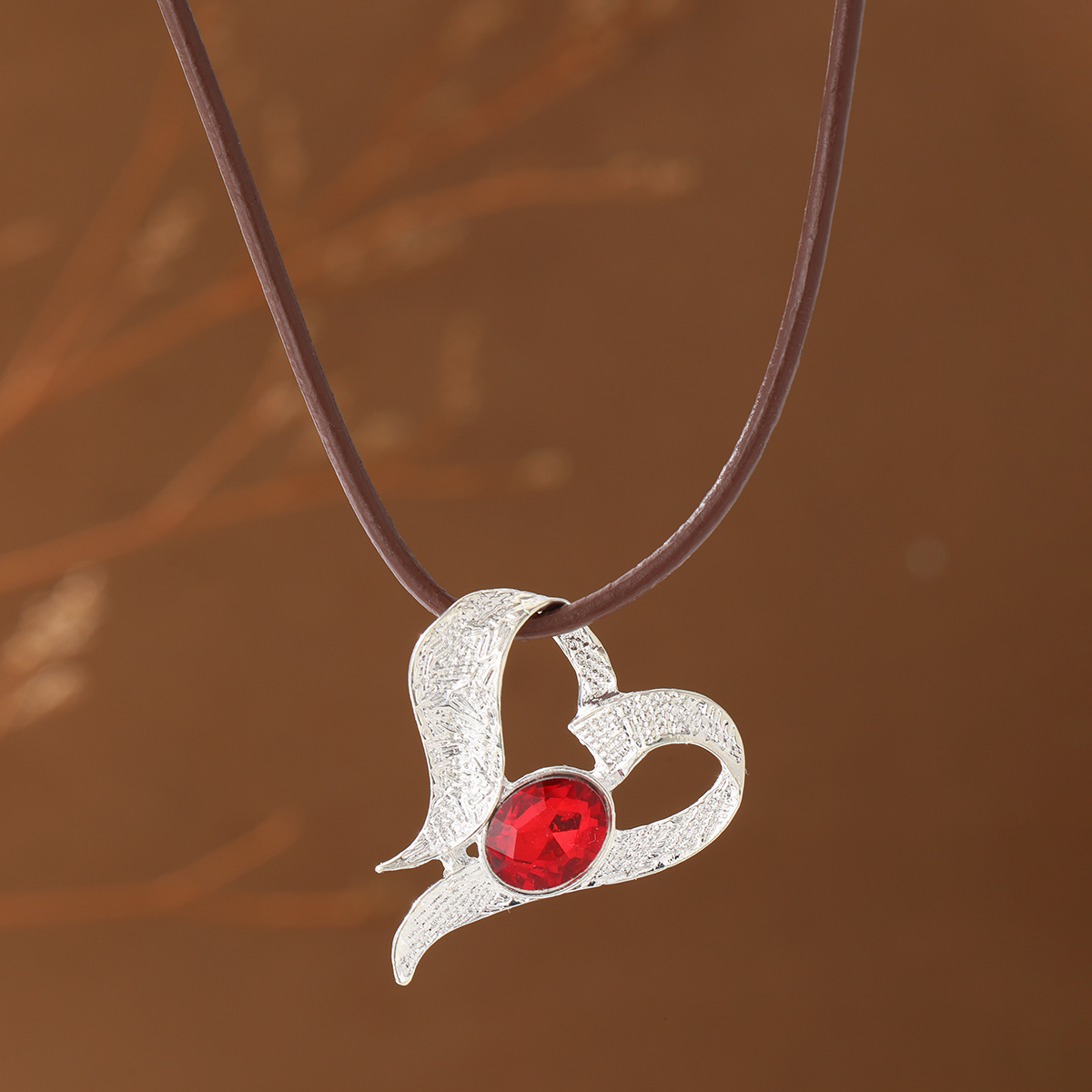 TEMU Vintage-style Distressed Hollow-out Heart-shaped Red Synthetic Synthetic Zirconia Brown Cord Women's Necklace, Suitable For Parties, Gatherings,
