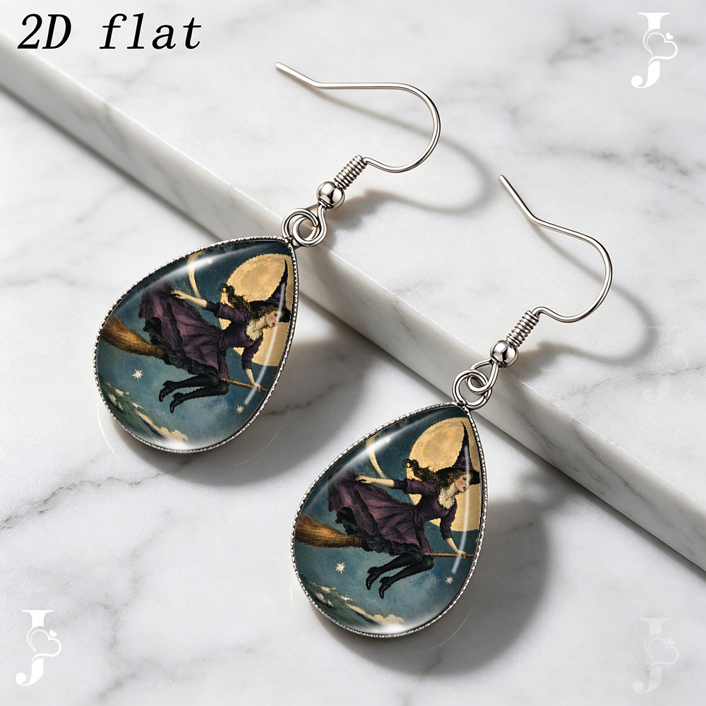Teardrop Dangle Earrings with Vintage Witch Pattern