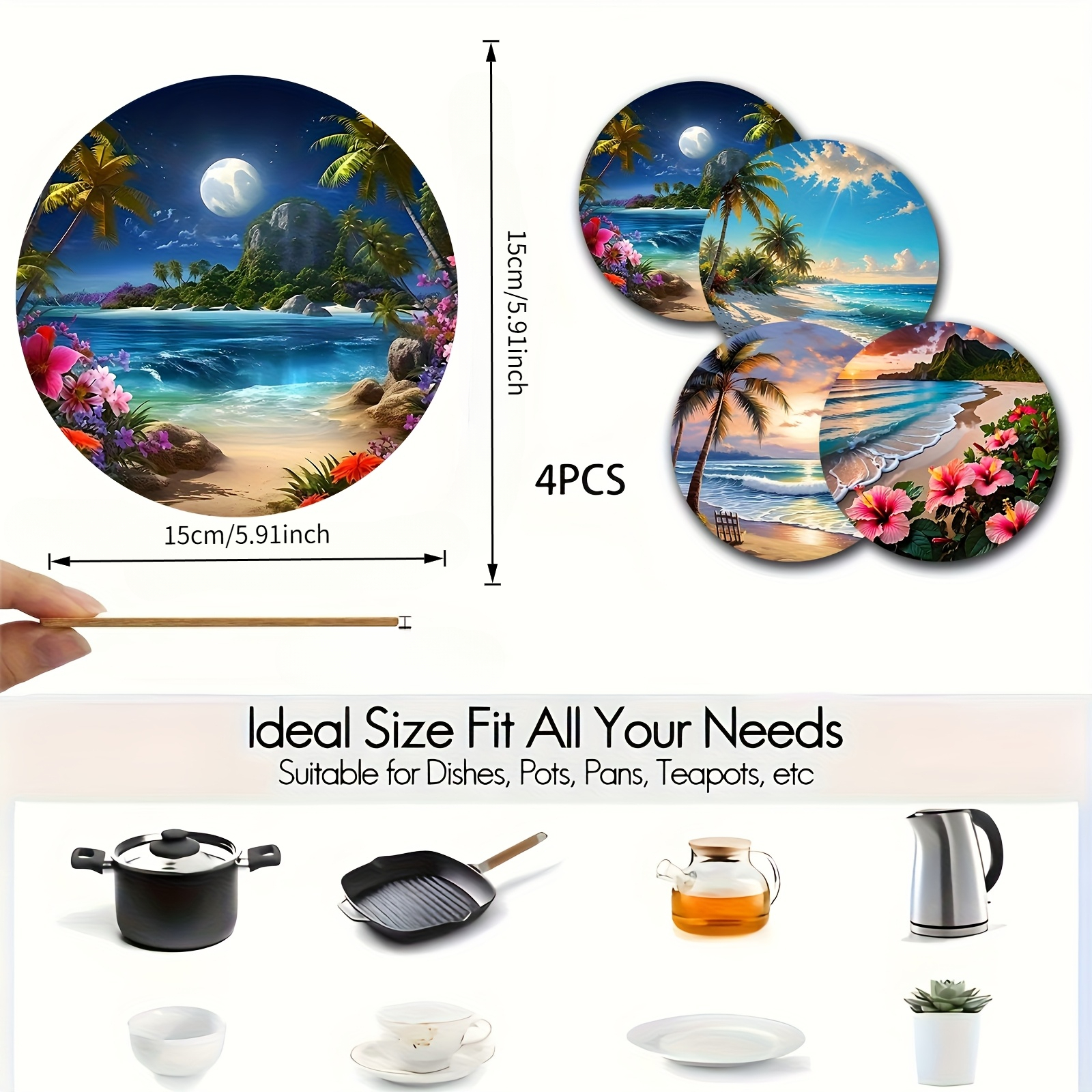 TEMU 4pcs Beach Series Wooden Heat-resistant Placemats - Heat-resistant Pot Holders, Non-slip Hot Pads For Kitchen, Dining Table, Office Countertops,