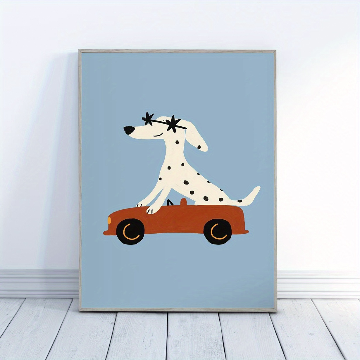 TEMU 2d Flat, 1pc Dalmatian Puppy Driving Car Wall Art - Victorian/art Deco Dog Poster, Blue Canvas For Nursery, Room Decor, For 's Bedroom, Living