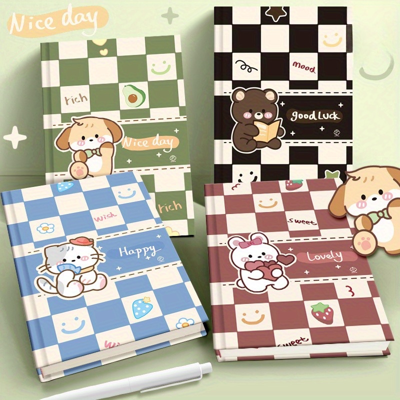 4pcs a5 thickened hard shell notebooks with bookmark grid cute animal motivational phrases design sturdy wireless journals for   journaling   good luck happy notebooks for school school supplies   notebook designs Product details 3