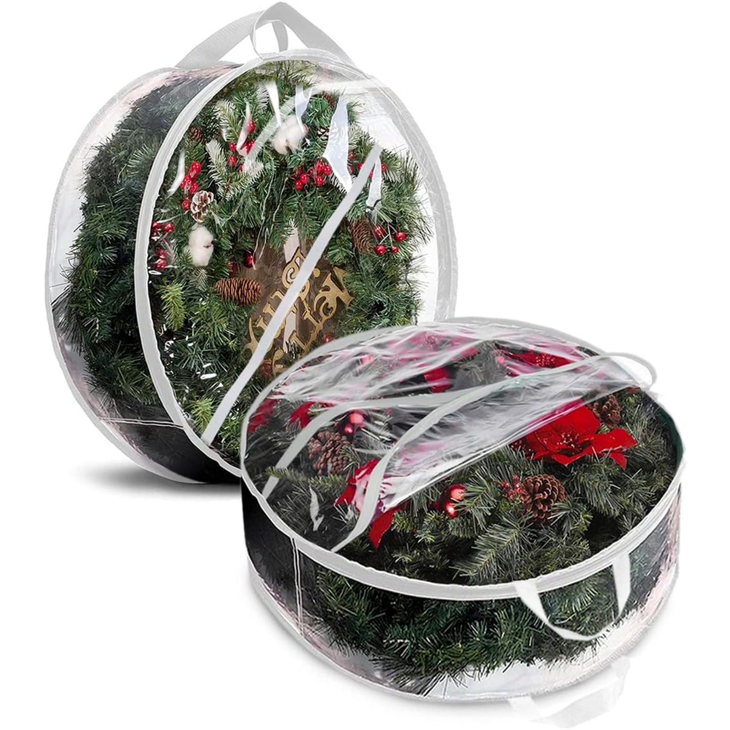 1/2パック 大型クリアpvcクリスマスリース収納バッグ -  ＆  付きヘビーデューティ透明リースコンテナ、人工ガーランド、オーナメント、松の枝にフィット - 耐久性のあるプラスチック製ホリデーデコレーション 1