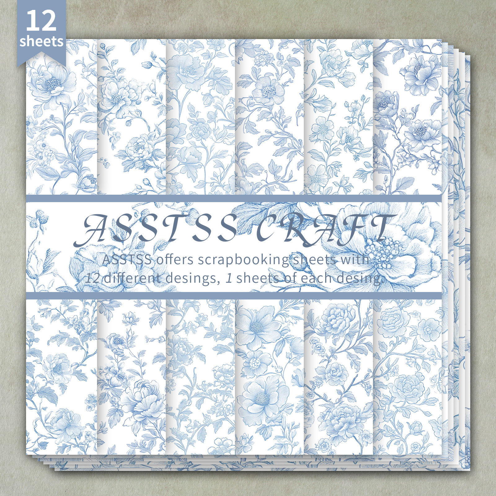 TEMU 12-sheet Asstss Scrapbooking Paper Pad, Featuring A Vintage Blue Floral Toile Design, Made From Heavyweight Cardstock Suitable For Journaling,