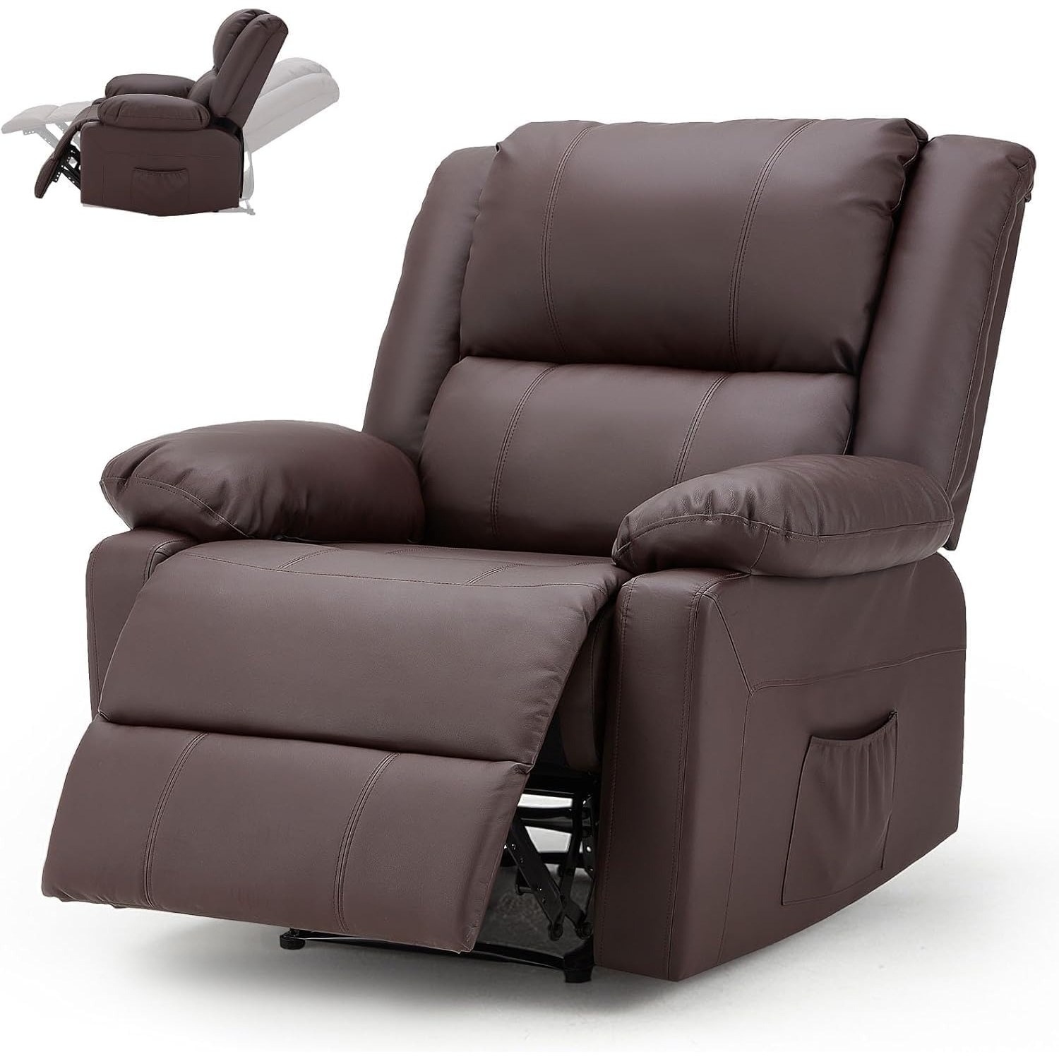 Image of An Ergonomic Reclining Chair, A Tv Chair With Tilt Function, Supports A Weight Of 150 Kg, Made Of Synthetic Faux Leather, Featuring Manual Controls, Side Storage Pockets, And A Footrest