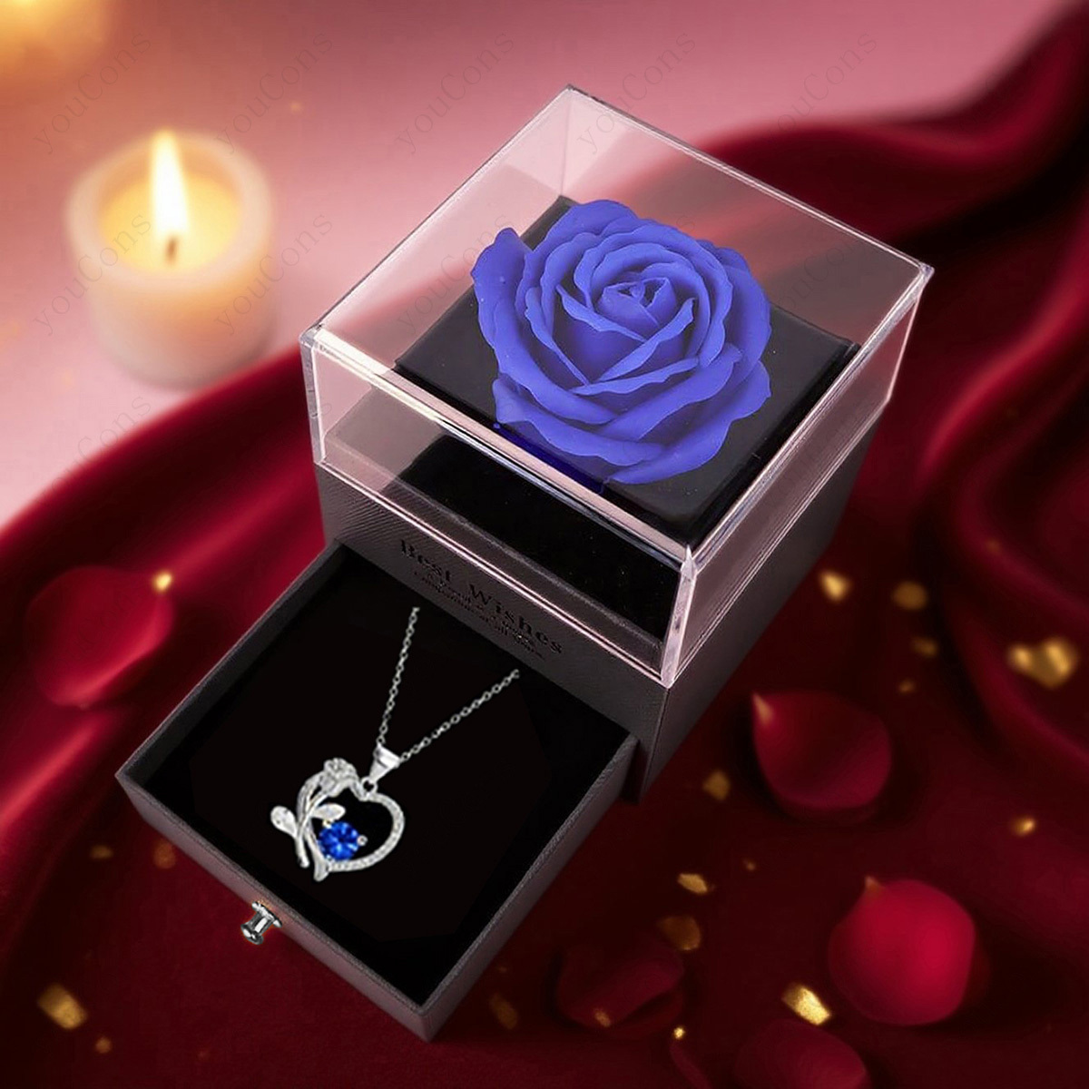 Women's Luxurious Deep Blue Synthetic Zirconia Heart Rose Pendant Necklace