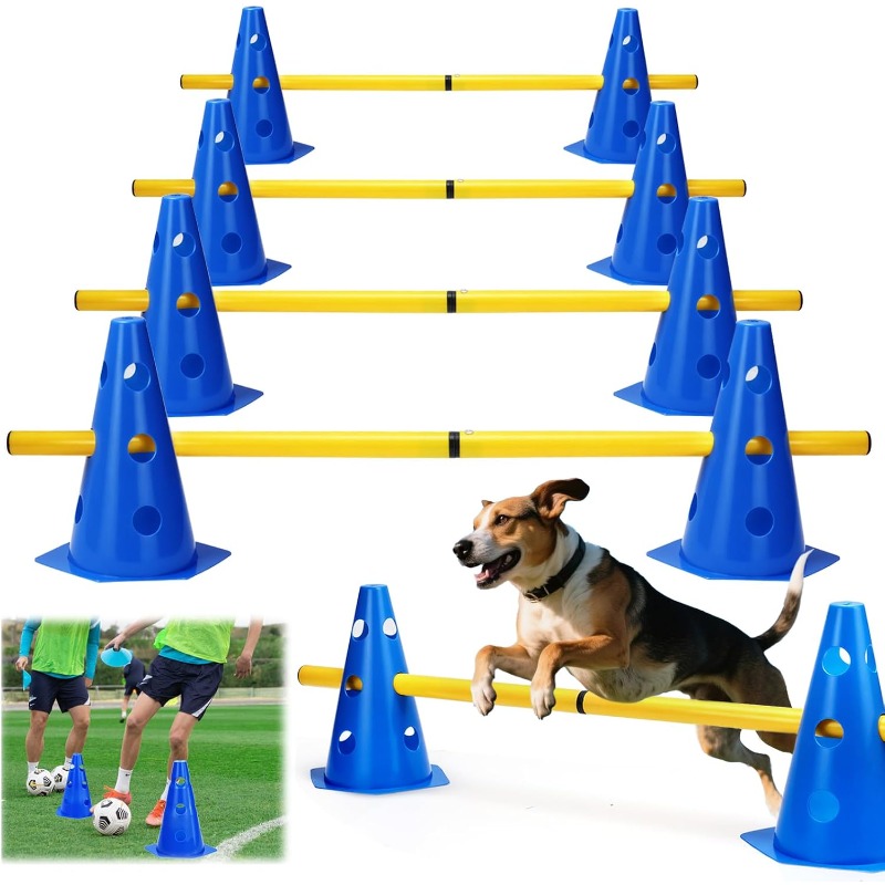 Dog Jumping And Agility Training Obstacle Set - Includes 18 Blue 24cm Cones And 4 Yellow 80cm Upright Poles (featuring Adjustable-height Crossbars); Suitable For Dog Agility Training
