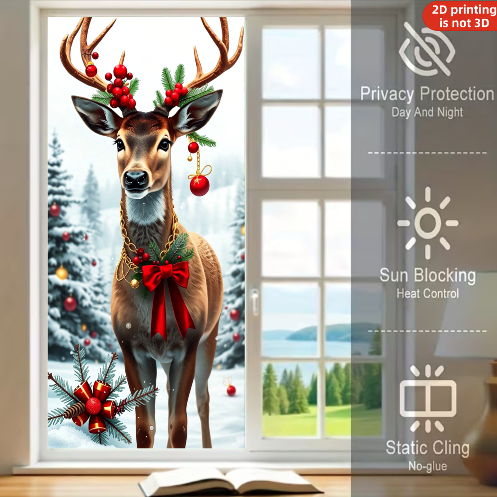 TEMU 2d Flat - 2d Flat - 2d Flat 1pc Christmas Style, Reindeer With Red Bow And Holly, Static Window Sticker, Double-sided , Festive Reindeer In