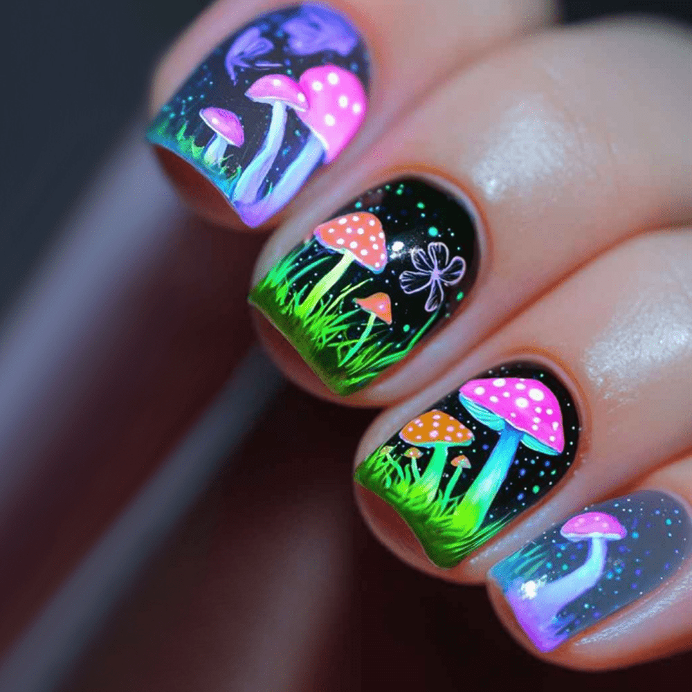 TEMU 48pcs Fantasy Fluorescent Mushroom Fake Nails - Detachable With Dark Base & Fluorescent Mushroom/grass/ Detail & Luminous Effect, Suitable For Women's Magical Patterns, Nail Art
