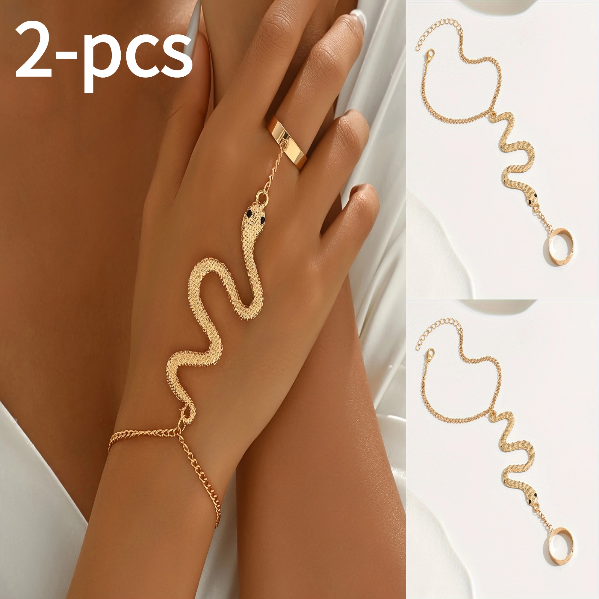 TEMU 2pcs Exquisite Women Snake Bracelet With Ring Chain Titanium Steel Retro Punk Bracelet Ring 2-in-1 Vintage Women's Gothic Exaggerated Snake