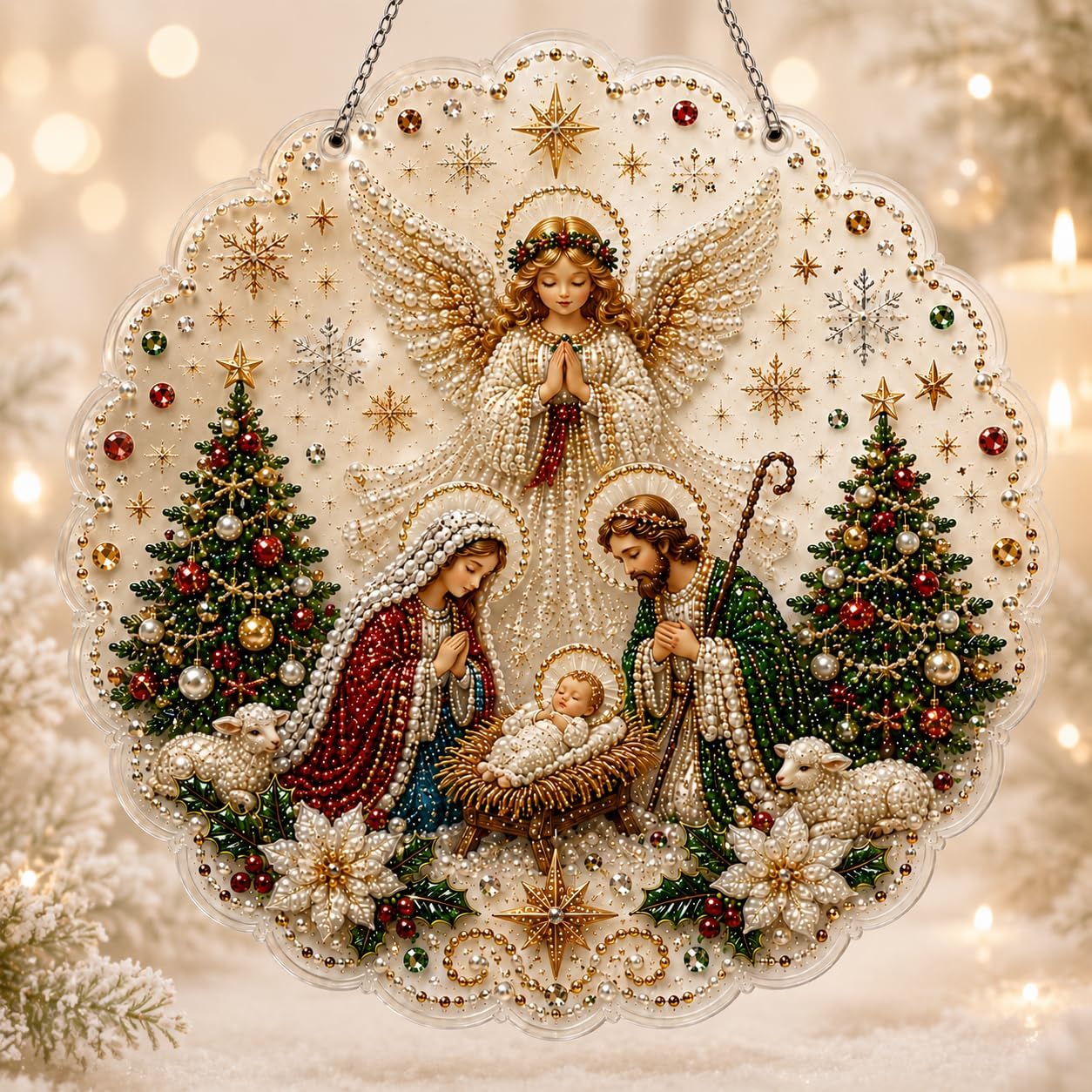 TEMU New Diy 2d Flat Acrylic Pearl Drill Pendant Kit - Features Christmas Tree And Nativity Scene - Includes Drill Tool And Pearl Drill Bag - With
