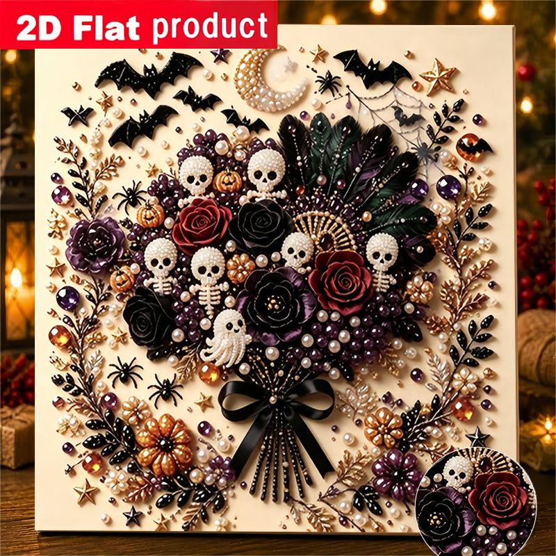 TEMU New 2d/flat Printing Pearl Diamond Painting Featuring A Dark Halloween Bouquet . This Diy Handmade Art Kit Includes Tools And Pearl Drill