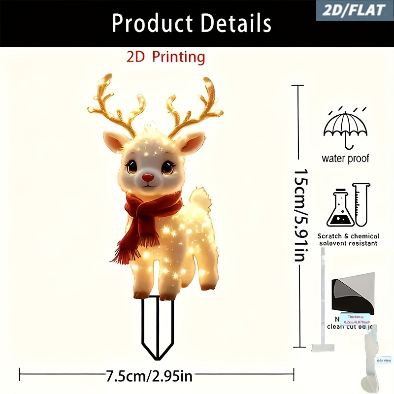 TEMU 2d Flat - A 2d Flat Self-luminous Deer Plug-in, Warm Light - Winter Snow Scene Outdoor/courtyard Decoration, Luminous Antlers And Red Scarf,
